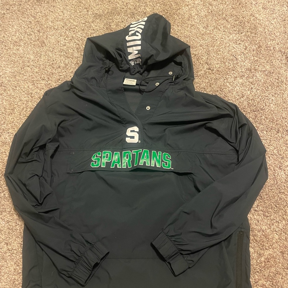 PINK Victoria's Secret Black Windbreaker with Green Accents